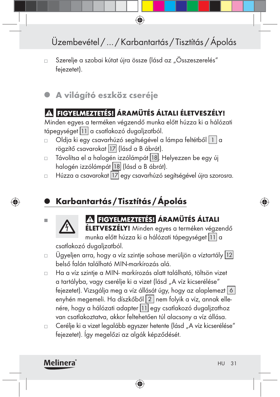 A világító eszköz cseréje, Karbantartás / tisztítás / ápolás | Melinera Z30094C-BS User Manual | Page 31 / 85