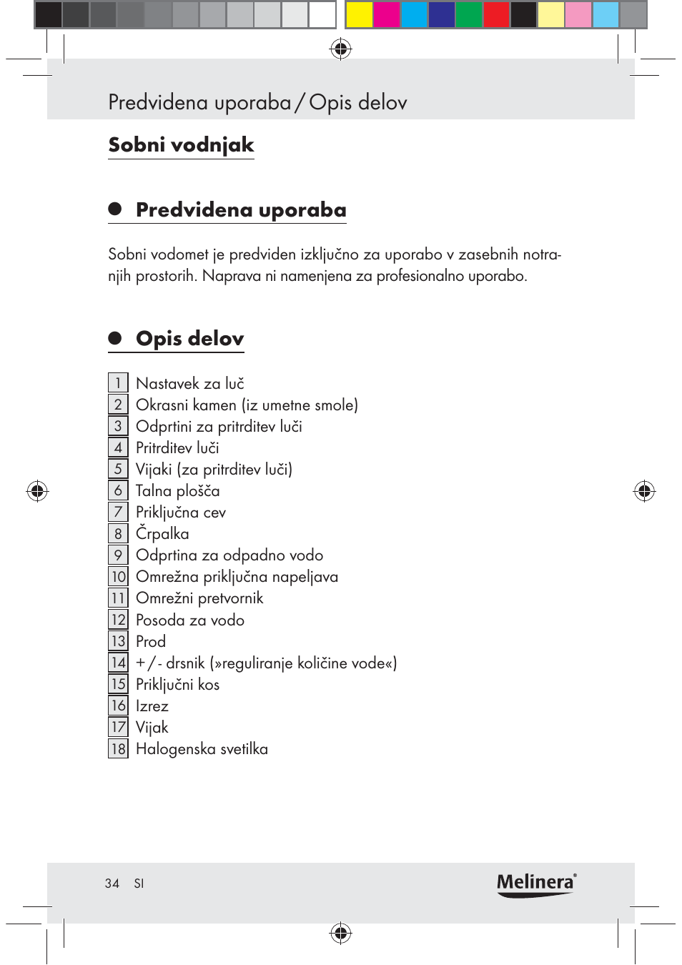 Predvidena uporaba / opis delov, Sobni vodnjak, Predvidena uporaba | Opis delov | Melinera Z30094C-BS User Manual | Page 34 / 85