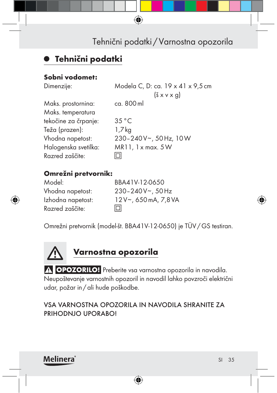 Tehnični podatki / varnostna opozorila, Tehnični podatki, Varnostna opozorila | Melinera Z30094C-BS User Manual | Page 35 / 85