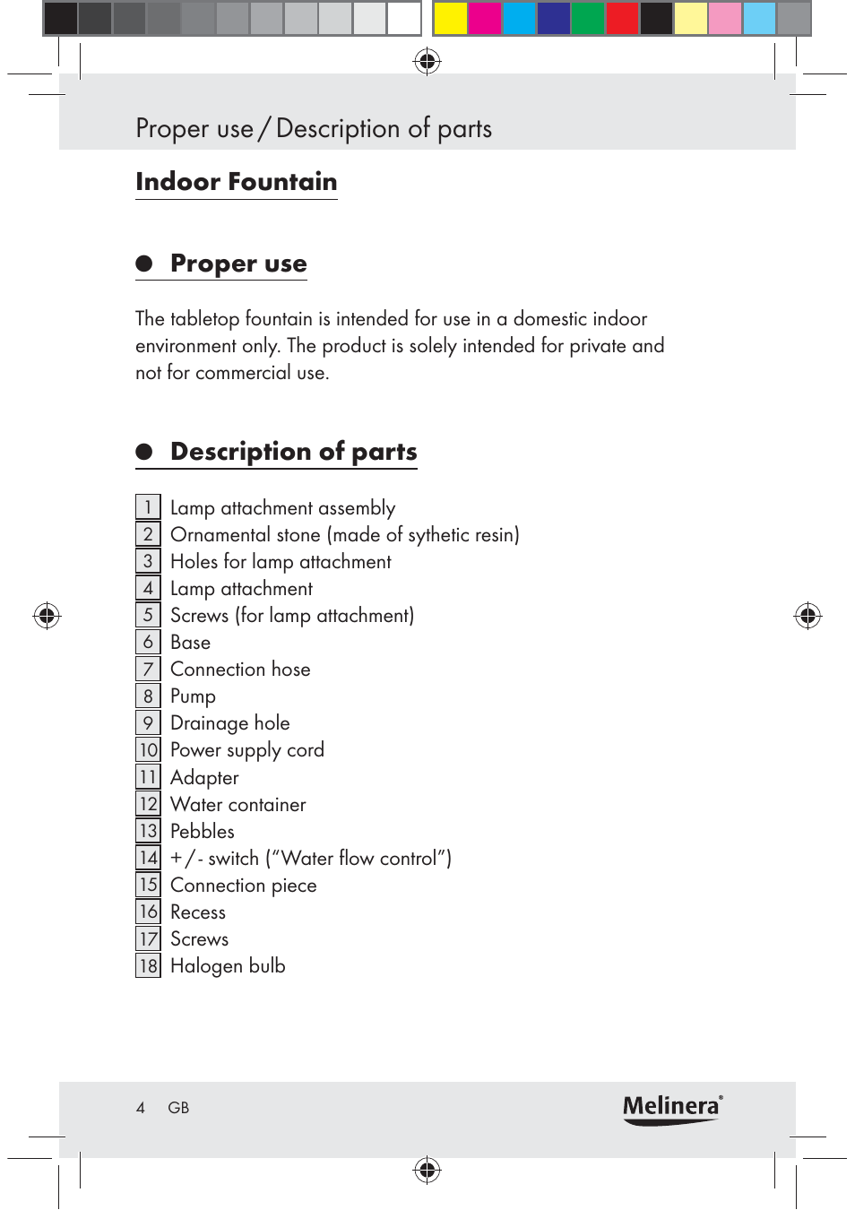 Proper use / description of parts, Indoor fountain, Proper use | Description of parts | Melinera Z30094C-BS User Manual | Page 4 / 85