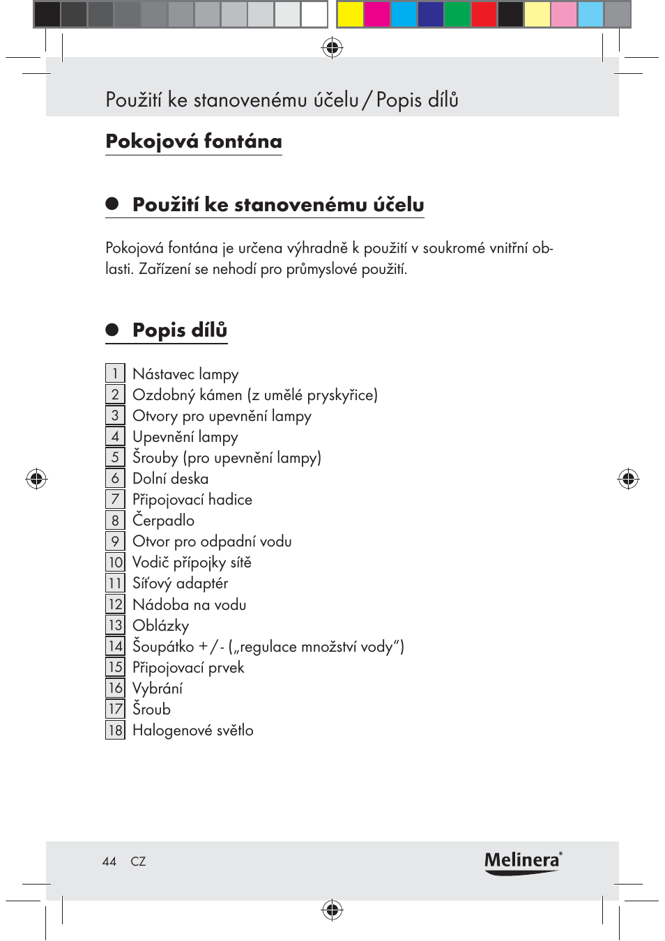 Použití ke stanovenému účelu / popis dílů, Pokojová fontána, Použití ke stanovenému účelu | Popis dílů | Melinera Z30094C-BS User Manual | Page 44 / 85