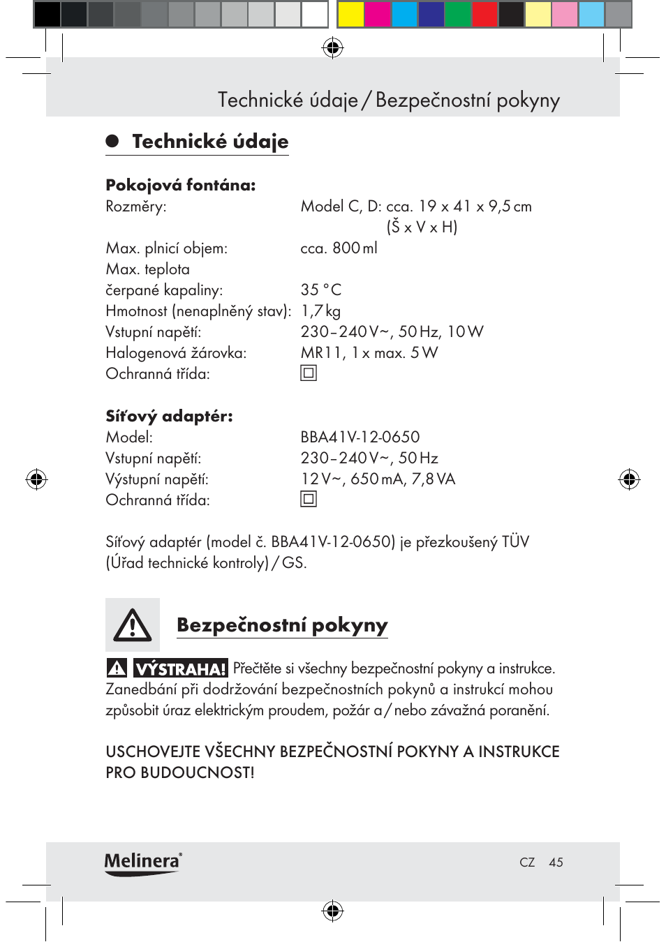 Technické údaje / bezpečnostní pokyny, Technické údaje, Bezpečnostní pokyny | Melinera Z30094C-BS User Manual | Page 45 / 85