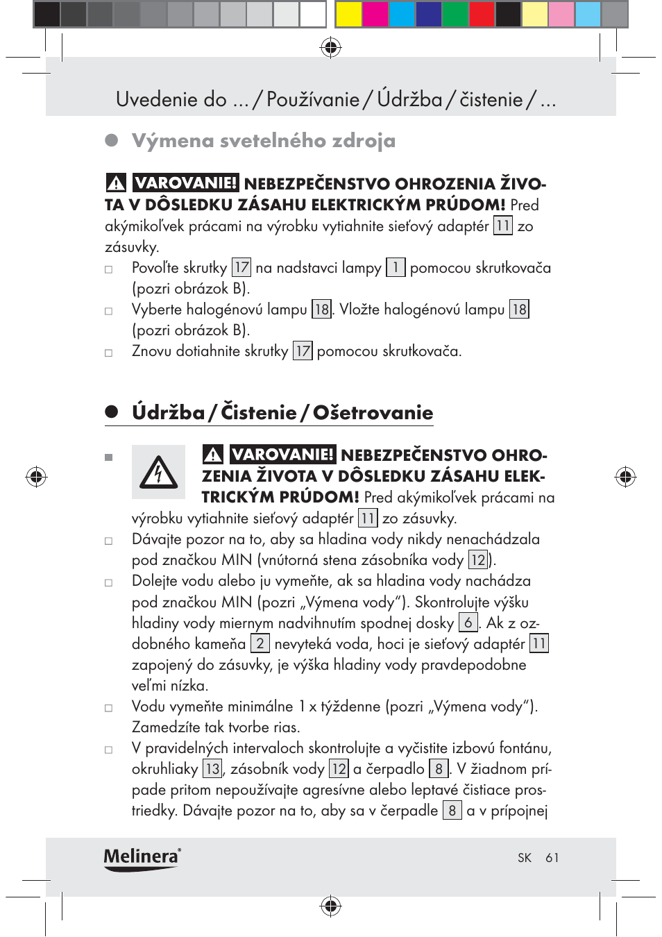 Uvedenie do … / používanie / údržba / čistenie, Výmena svetelného zdroja, Údržba / čistenie / ošetrovanie | Melinera Z30094C-BS User Manual | Page 61 / 85