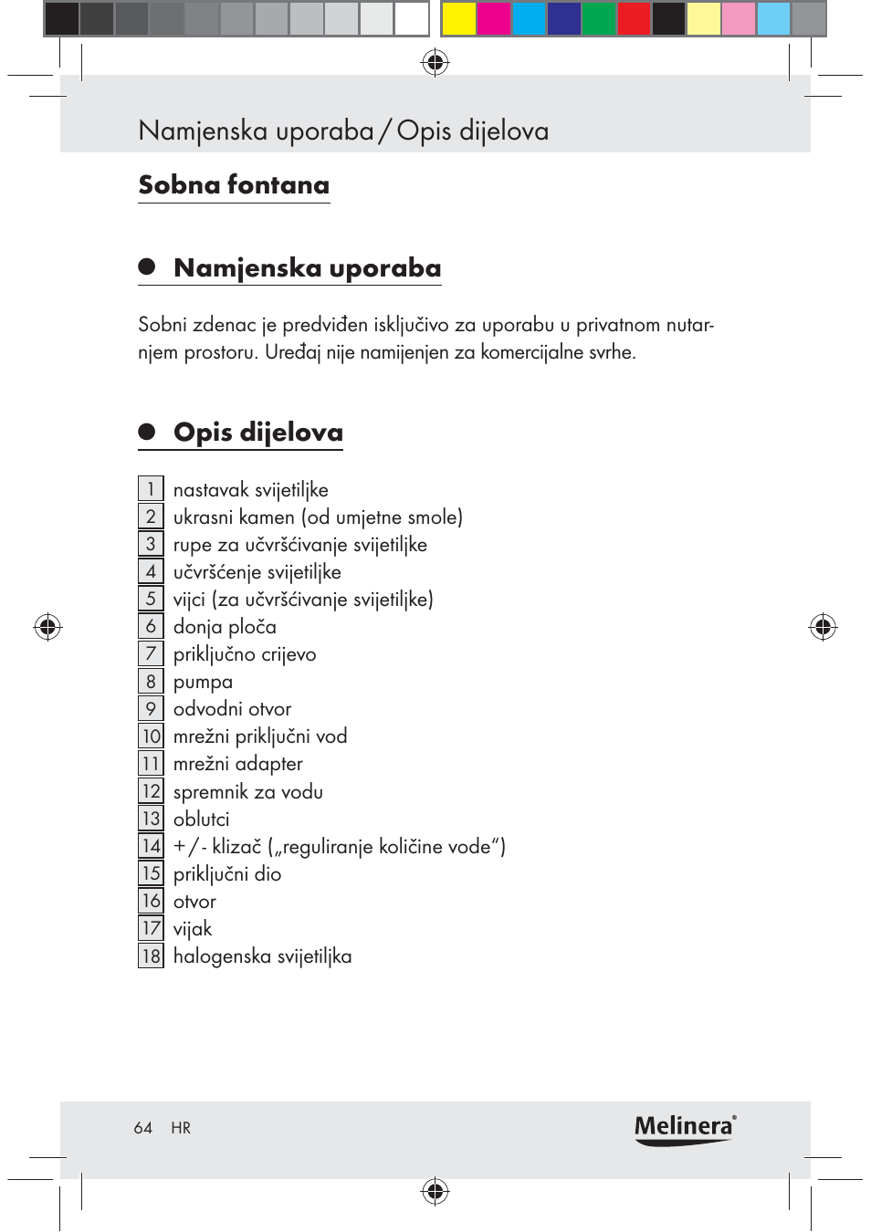 Namjenska uporaba / opis dijelova, Sobna fontana, Namjenska uporaba | Opis dijelova | Melinera Z30094C-BS User Manual | Page 64 / 85