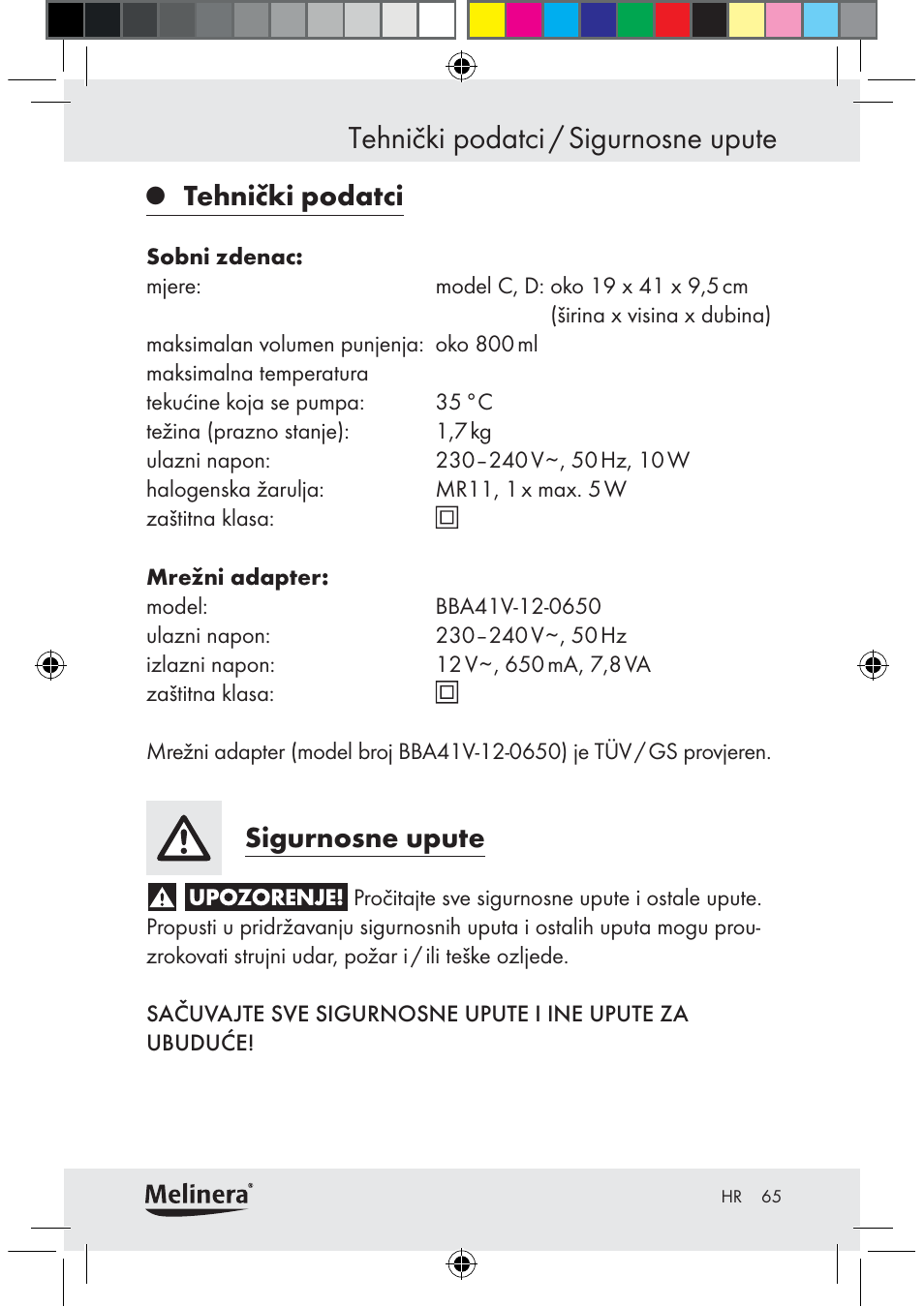 Tehnički podatci / sigurnosne upute, Tehnički podatci, Sigurnosne upute | Melinera Z30094C-BS User Manual | Page 65 / 85