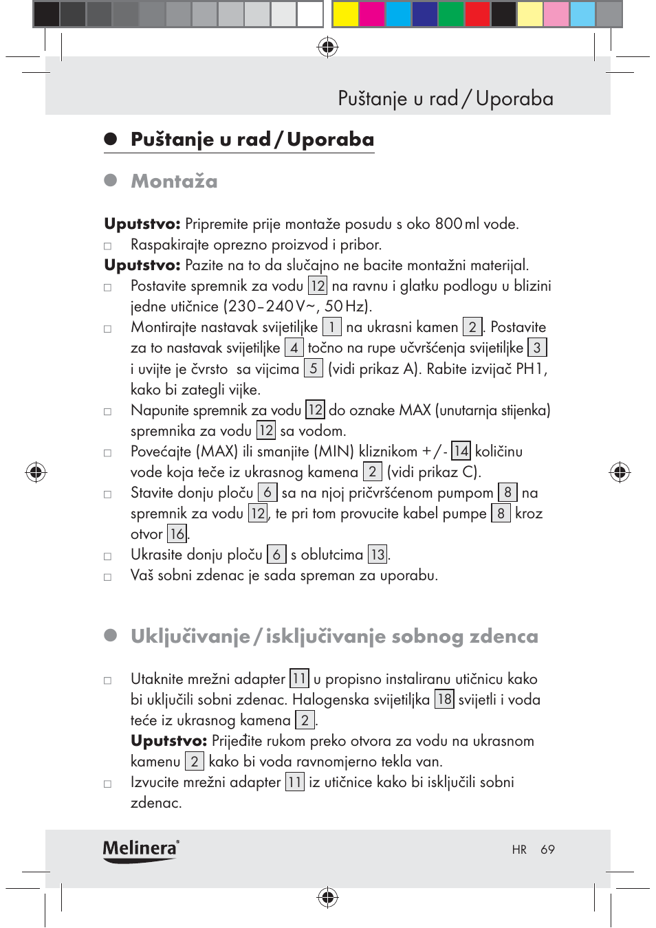 Puštanje u rad / uporaba, Montaža, Uključivanje / isključivanje sobnog zdenca | Melinera Z30094C-BS User Manual | Page 69 / 85