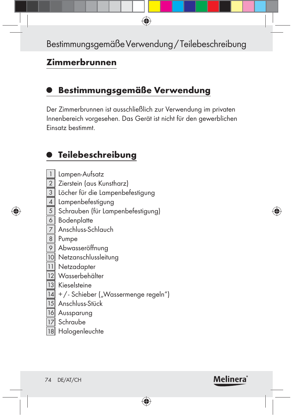 Bestimmungsgemäße verwendung / teilebeschreibung, Zimmerbrunnen bestimmungsgemäße verwendung, Teilebeschreibung | Melinera Z30094C-BS User Manual | Page 74 / 85