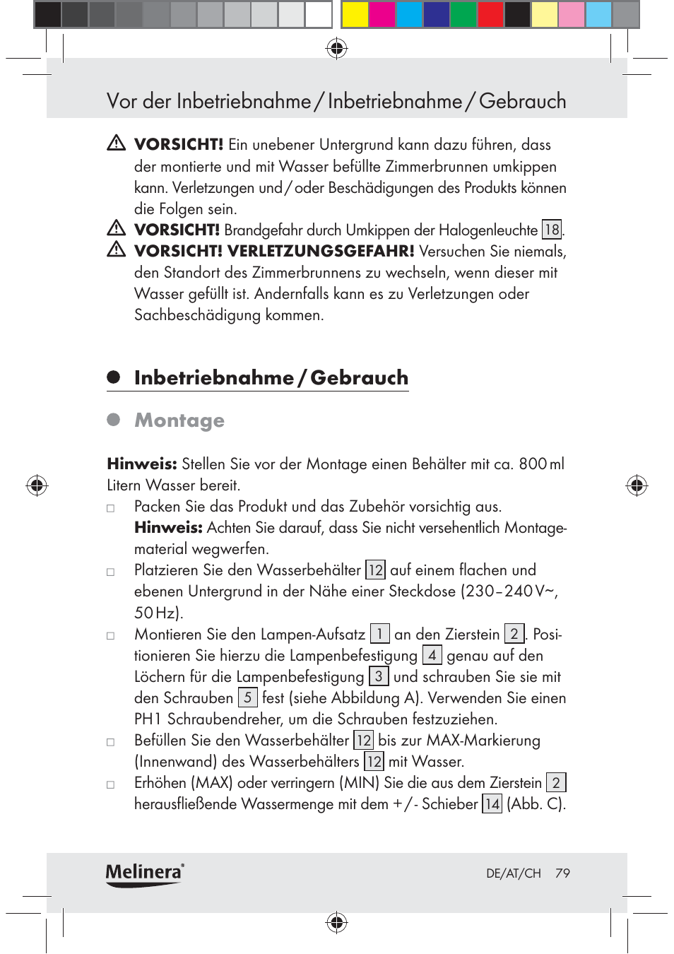 Vor der inbetriebnahme / inbetriebnahme / gebrauch, Inbetriebnahme / gebrauch, Montage | Melinera Z30094C-BS User Manual | Page 79 / 85