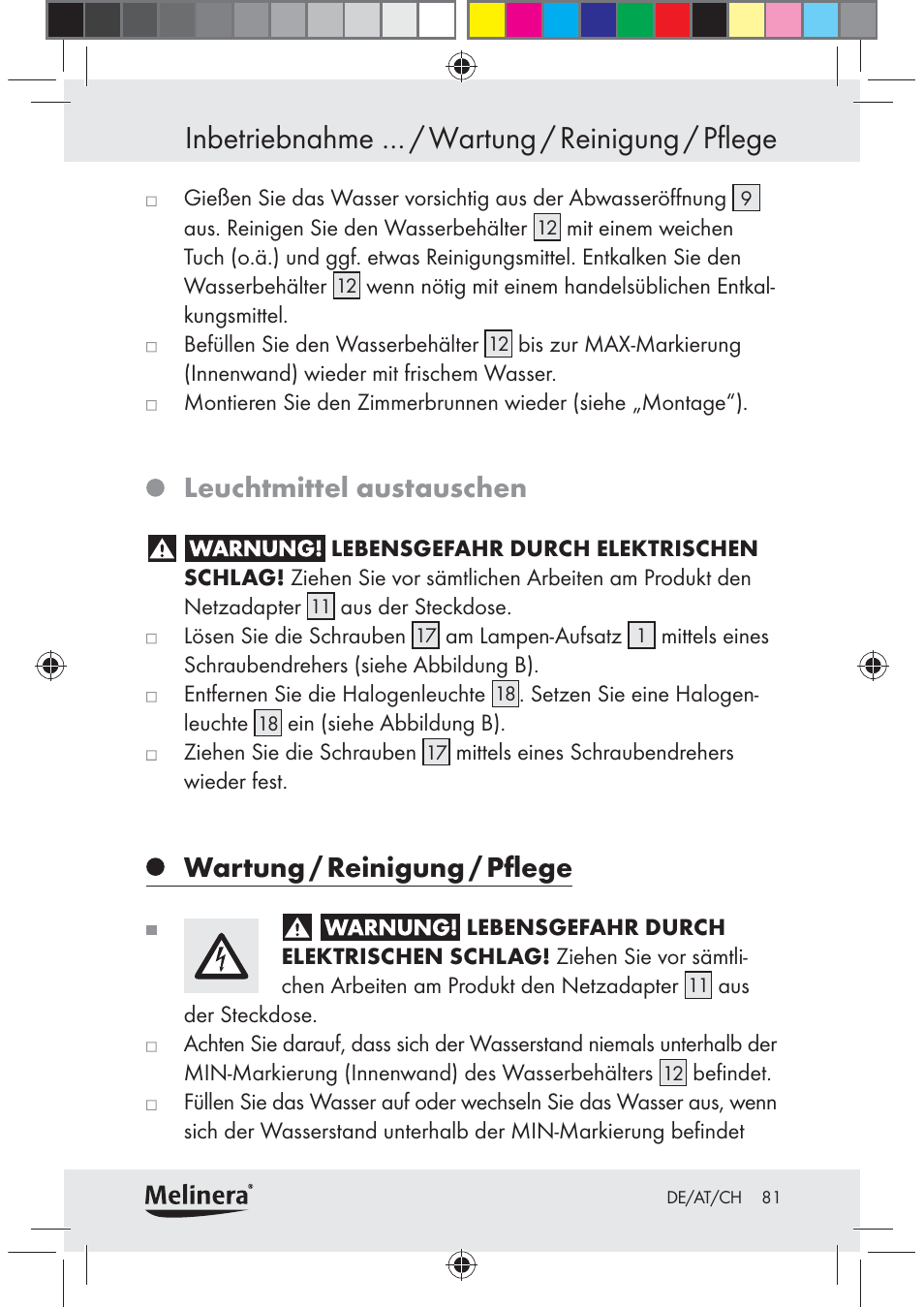 Inbetriebnahme … / wartung / reinigung / pflege, Leuchtmittel austauschen, Wartung / reinigung / pﬂege | Melinera Z30094C-BS User Manual | Page 81 / 85