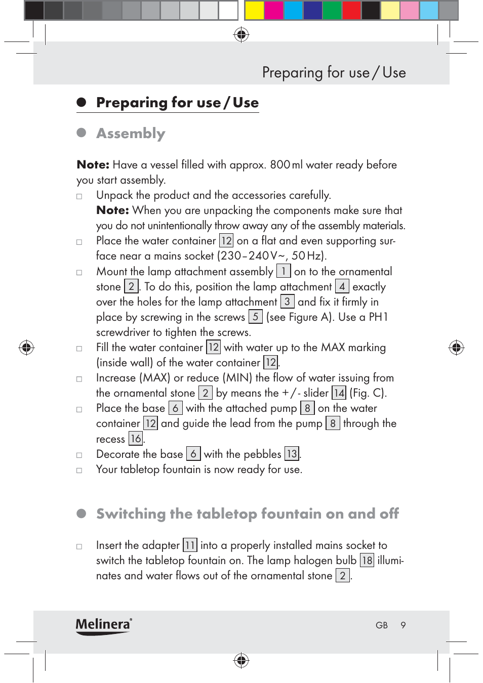 Preparing for use / use, Assembly, Switching the tabletop fountain on and oﬀ | Melinera Z30094C-BS User Manual | Page 9 / 85