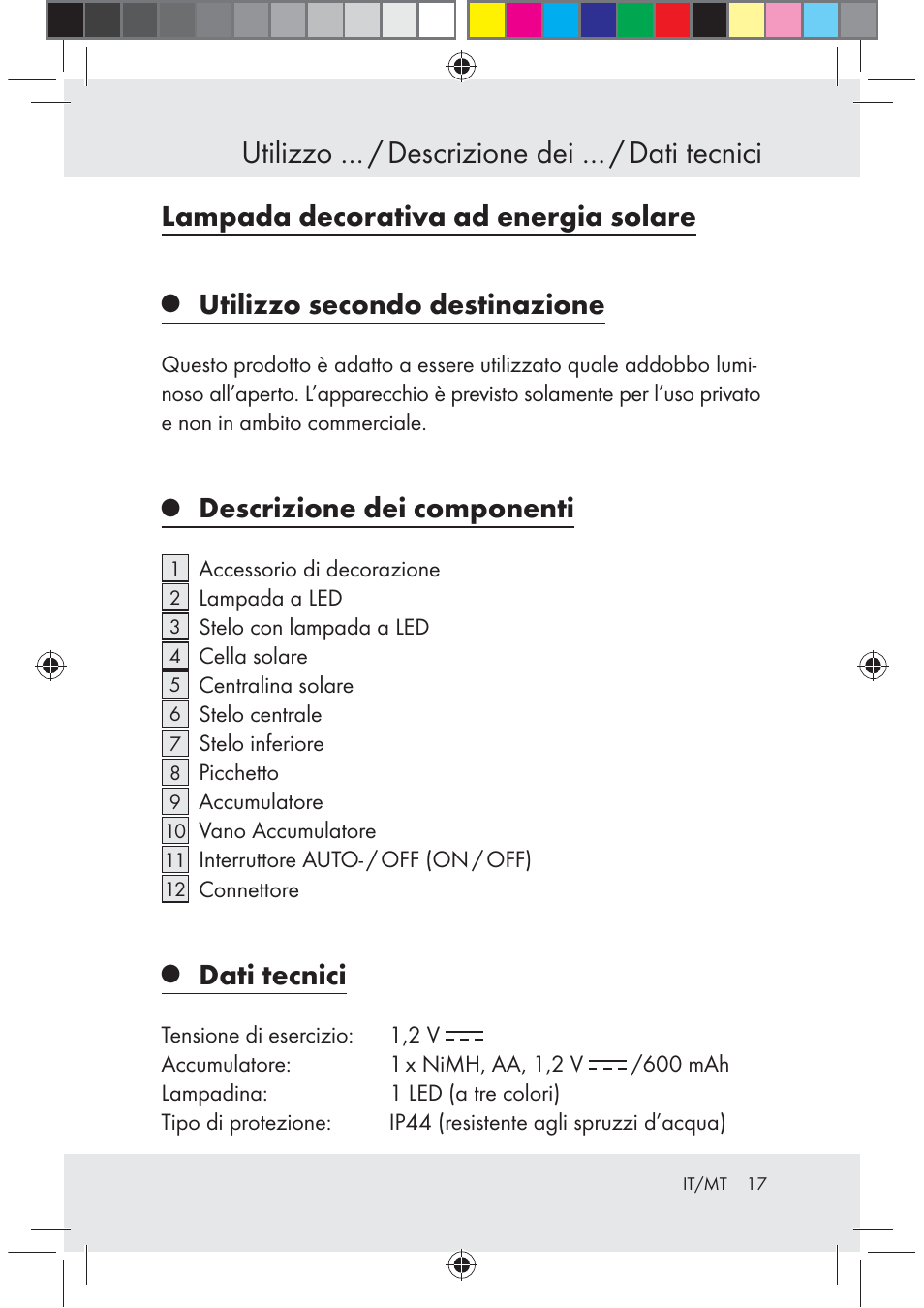 Utilizzo … / descrizione dei … / dati tecnici, Lampada decorativa ad energia solare, Utilizzo secondo destinazione | Descrizione dei componenti, Dati tecnici | Melinera Z29617 User Manual | Page 17 / 56