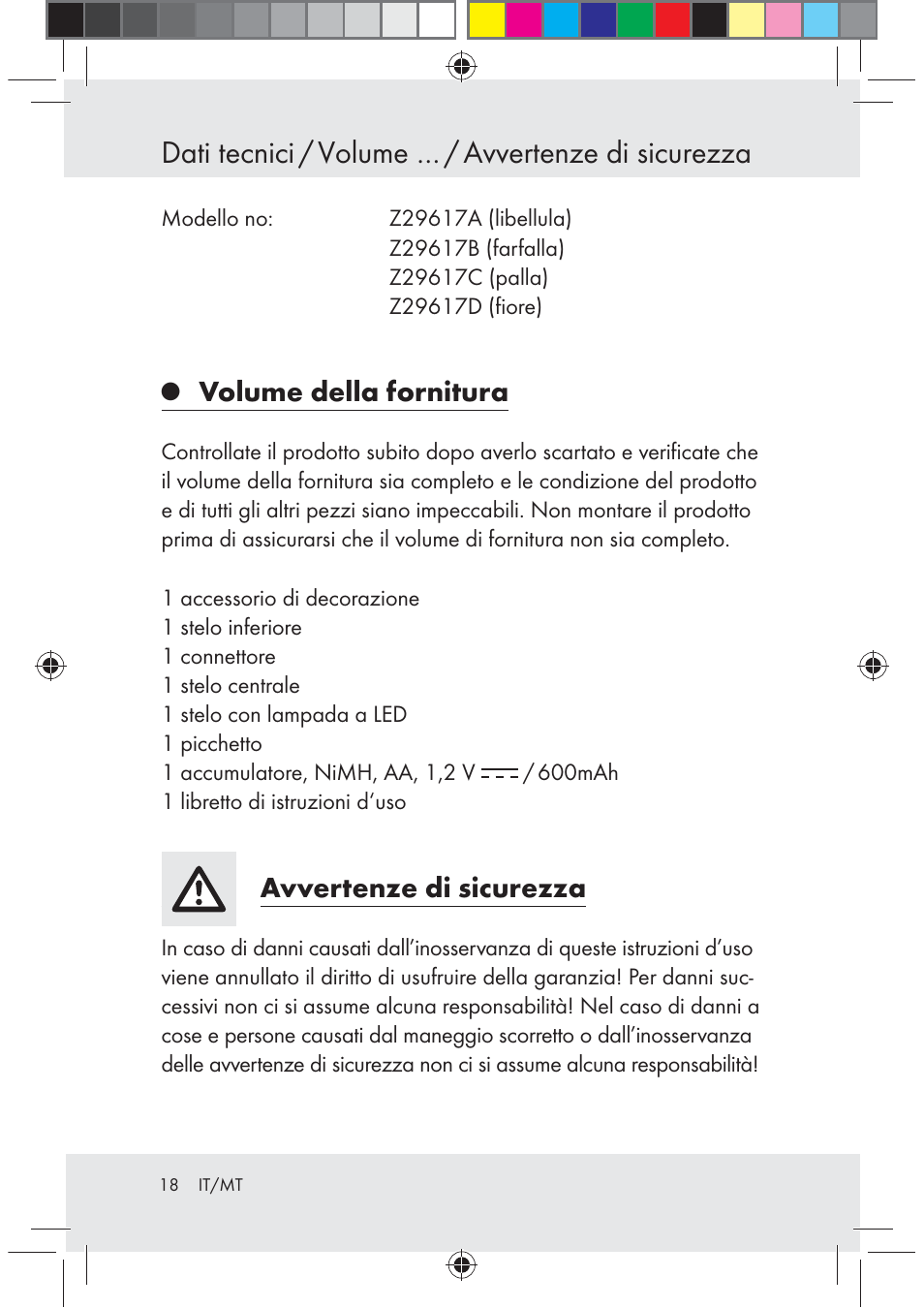 Dati tecnici / volume … / avvertenze di sicurezza, Volume della fornitura, Avvertenze di sicurezza | Melinera Z29617 User Manual | Page 18 / 56