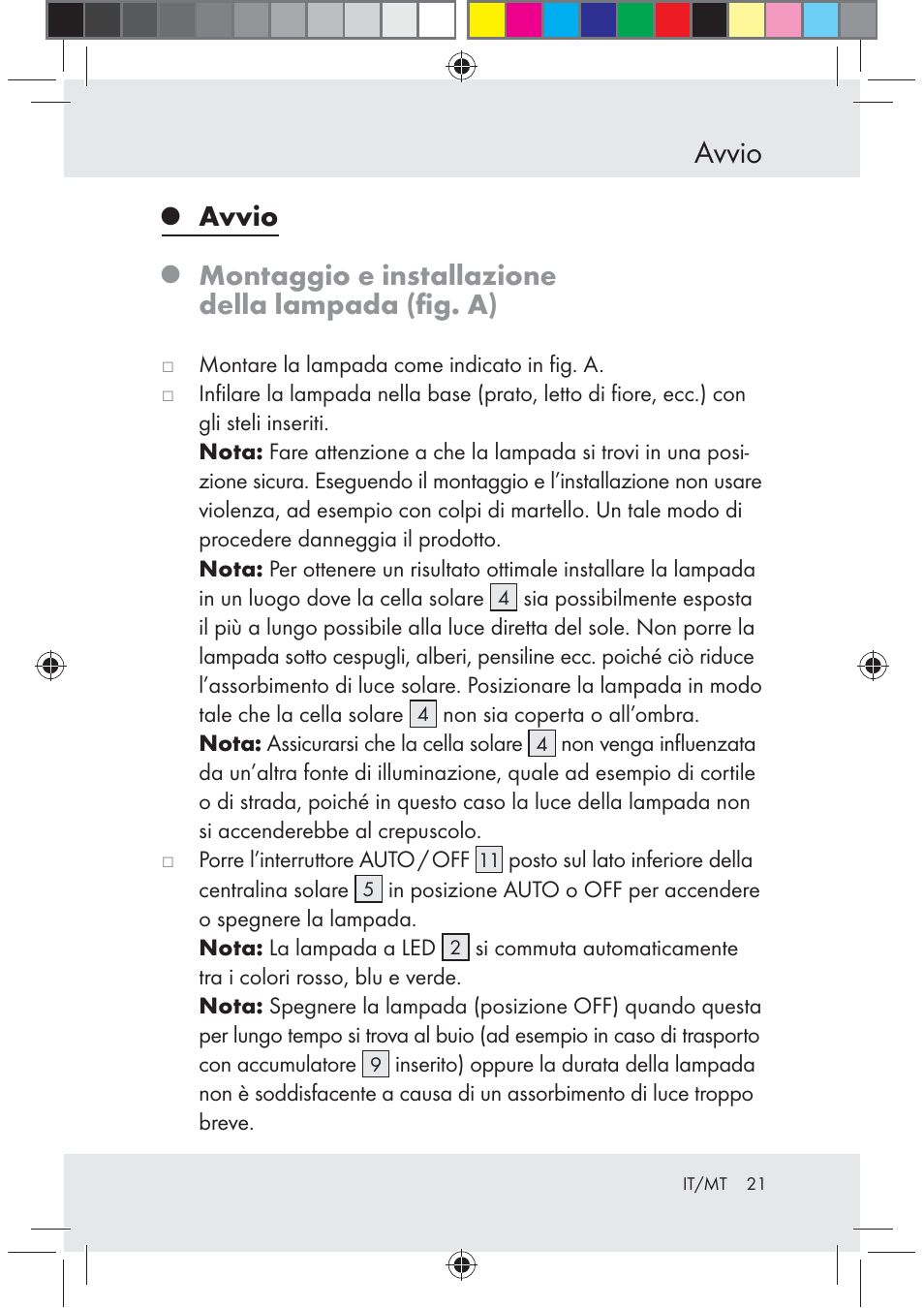 Avvio, Montaggio e installazione della lampada (ﬁg. a) | Melinera Z29617 User Manual | Page 21 / 56