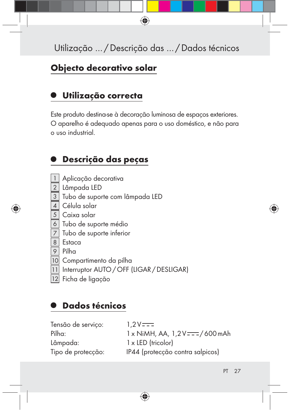 Utilização … / descrição das … / dados técnicos, Objecto decorativo solar, Utilização correcta | Descrição das peças, Dados técnicos | Melinera Z29617 User Manual | Page 27 / 56
