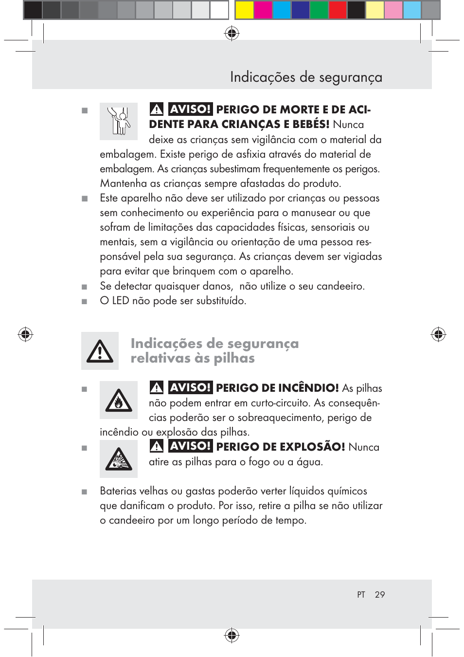 Indicações de segurança, Indicações de segurança relativas às pilhas | Melinera Z29617 User Manual | Page 29 / 56
