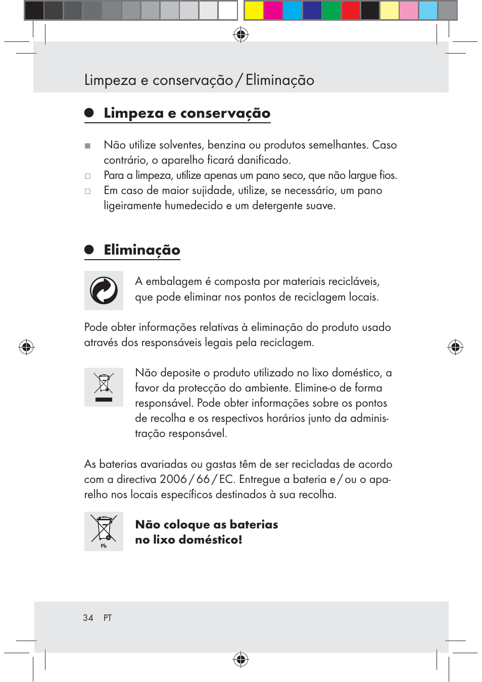 Limpeza e conservação / eliminação, Limpeza e conservação, Eliminação | Melinera Z29617 User Manual | Page 34 / 56