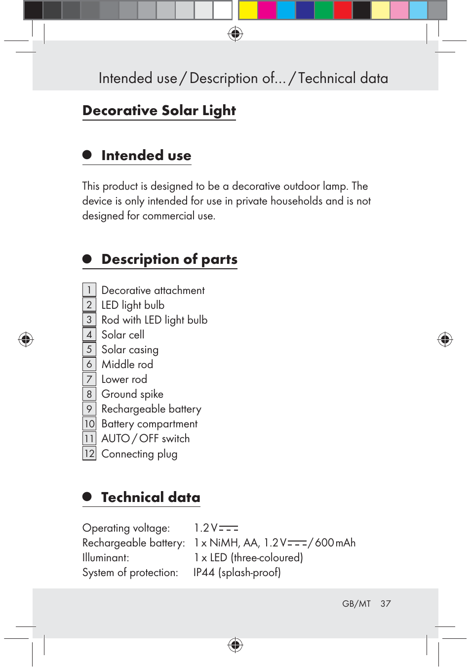 Intended use / description of… / technical data, Decorative solar light, Intended use | Description of parts, Technical data | Melinera Z29617 User Manual | Page 37 / 56