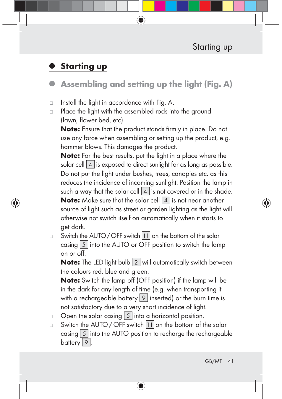 Starting up, Assembling and setting up the light (fig. a) | Melinera Z29617 User Manual | Page 41 / 56