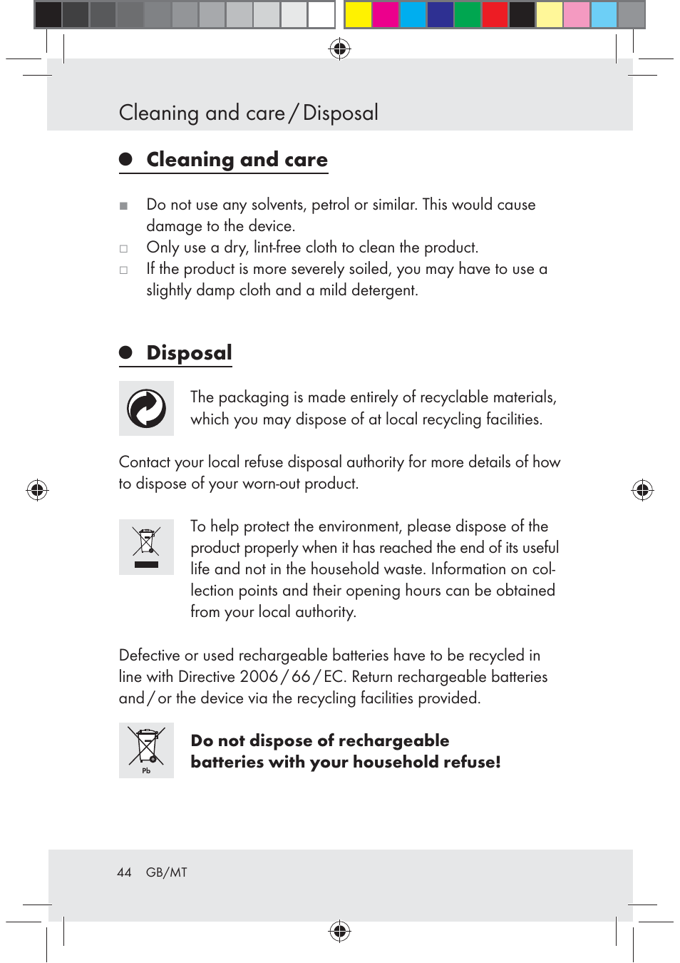 Cleaning and care / disposal, Cleaning and care, Disposal | Melinera Z29617 User Manual | Page 44 / 56