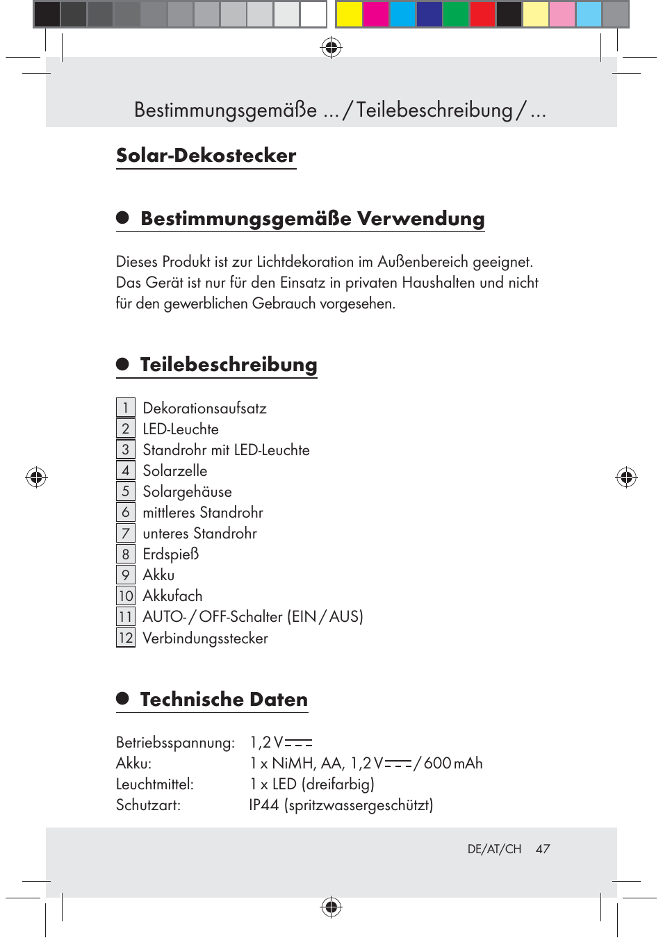 Bestimmungsgemäße … / teilebeschreibung, Solar-dekostecker, Bestimmungsgemäße verwendung | Teilebeschreibung, Technische daten | Melinera Z29617 User Manual | Page 47 / 56
