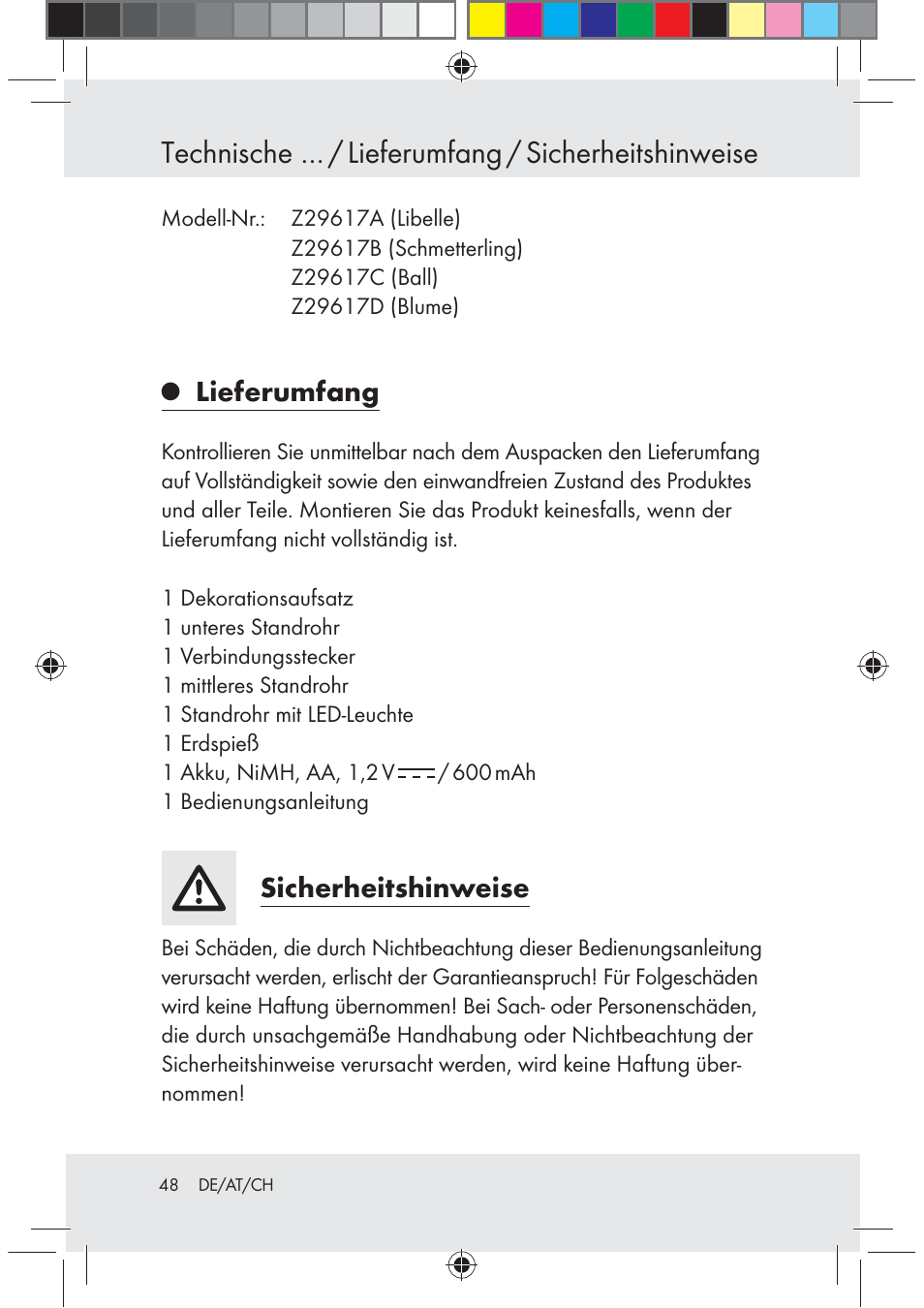 Technische … / lieferumfang / sicherheitshinweise, Lieferumfang, Sicherheitshinweise | Melinera Z29617 User Manual | Page 48 / 56