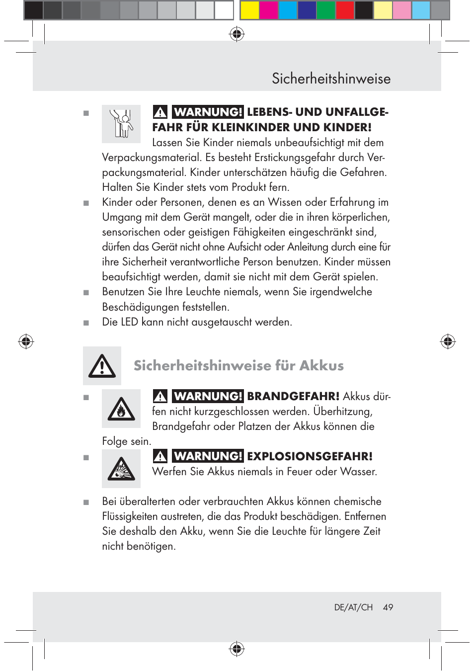 Sicherheitshinweise, Sicherheitshinweise für akkus | Melinera Z29617 User Manual | Page 49 / 56