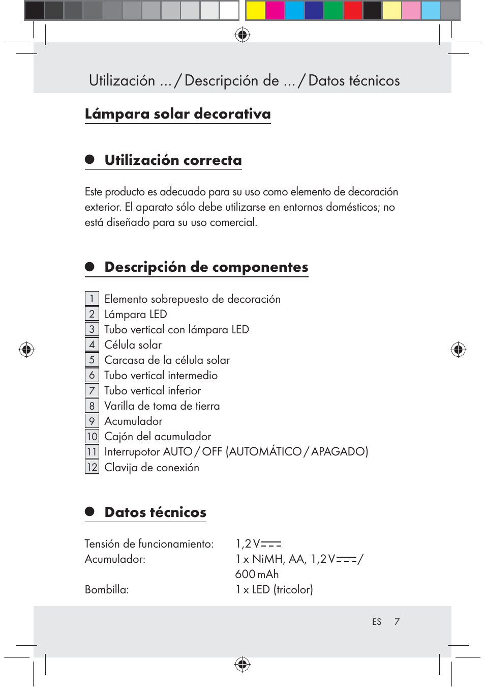 Utilización … / descripción de … / datos técnicos, Lámpara solar decorativa, Utilización correcta | Descripción de componentes, Datos técnicos | Melinera Z29617 User Manual | Page 7 / 56