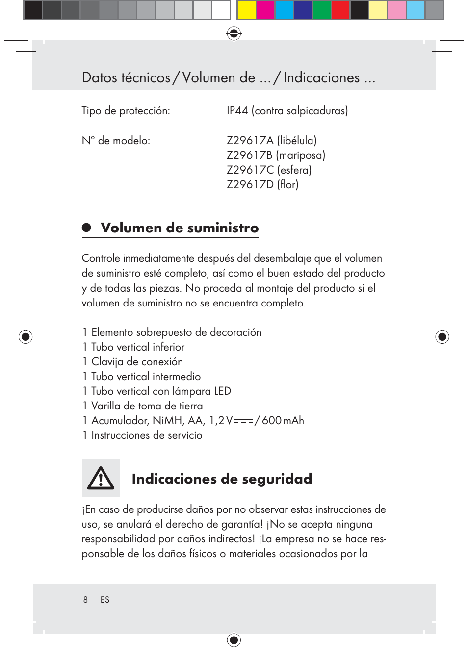 Datos técnicos / volumen de … / indicaciones, Volumen de suministro, Indicaciones de seguridad | Melinera Z29617 User Manual | Page 8 / 56