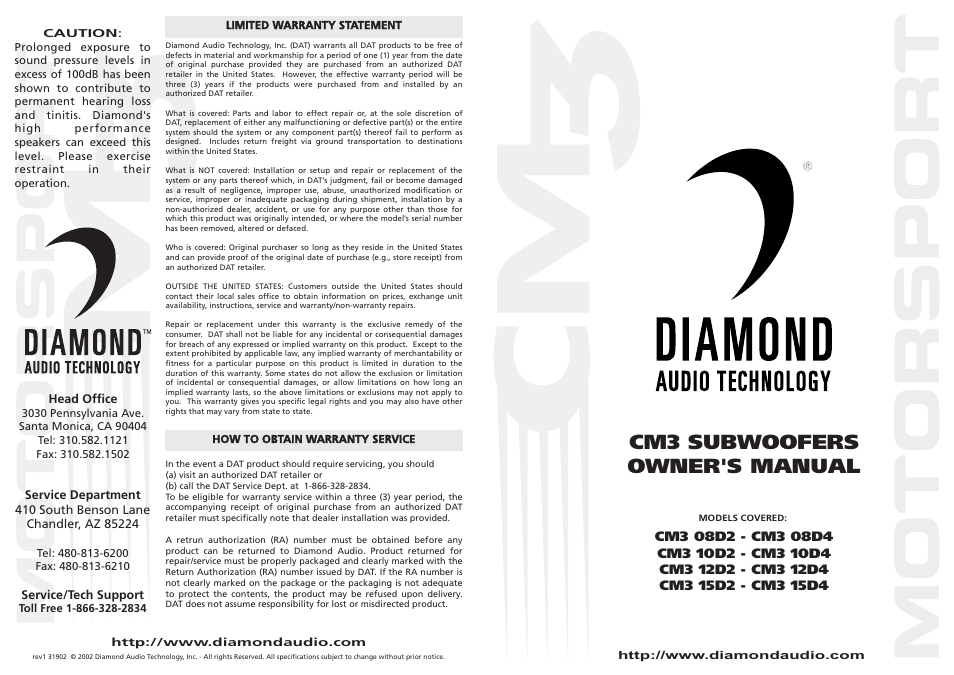 Diamond Audio Technology CM3 12D2 User Manual | 2 pages