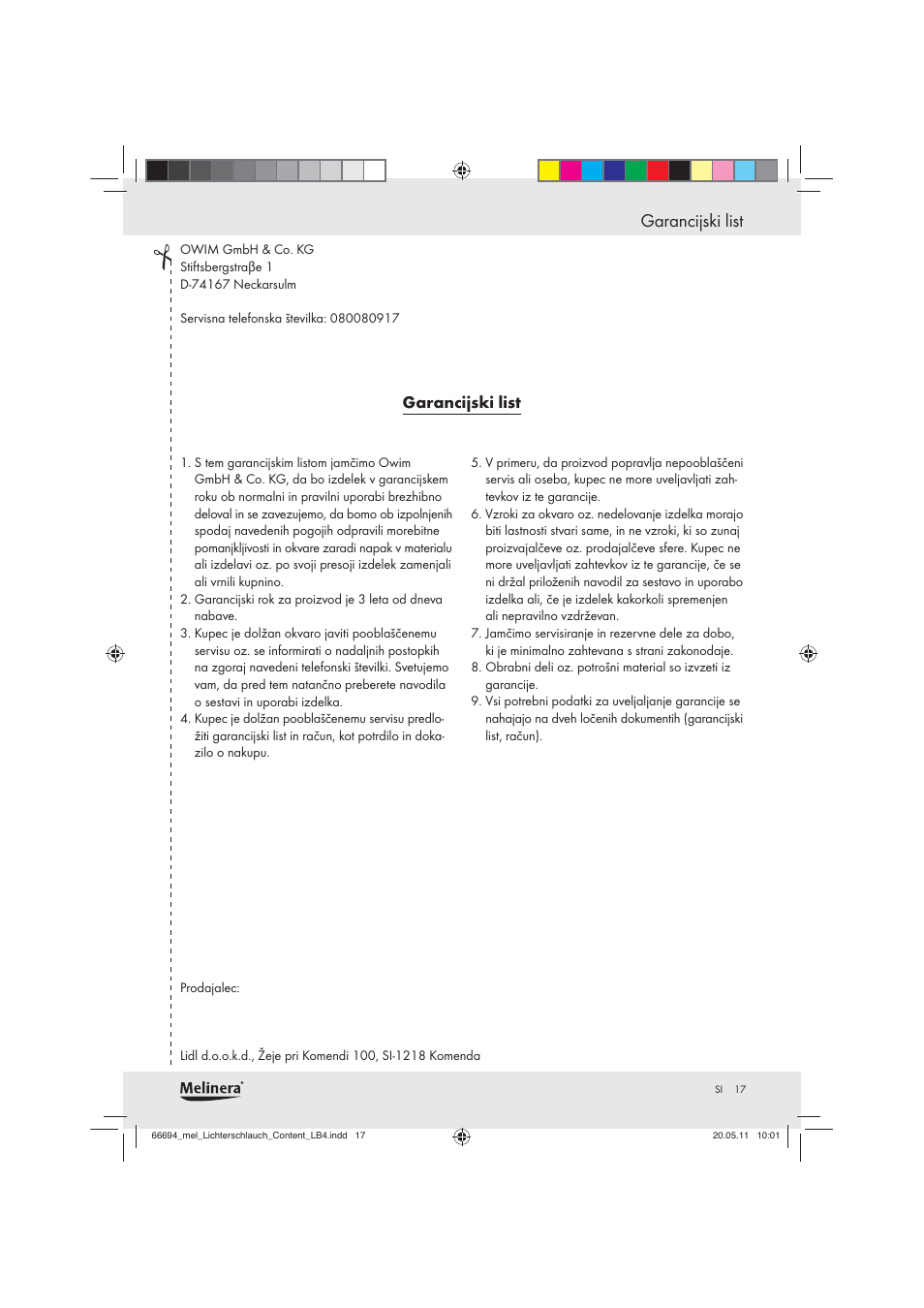 Garancijski list | Melinera Z28957 User Manual | Page 15 / 25