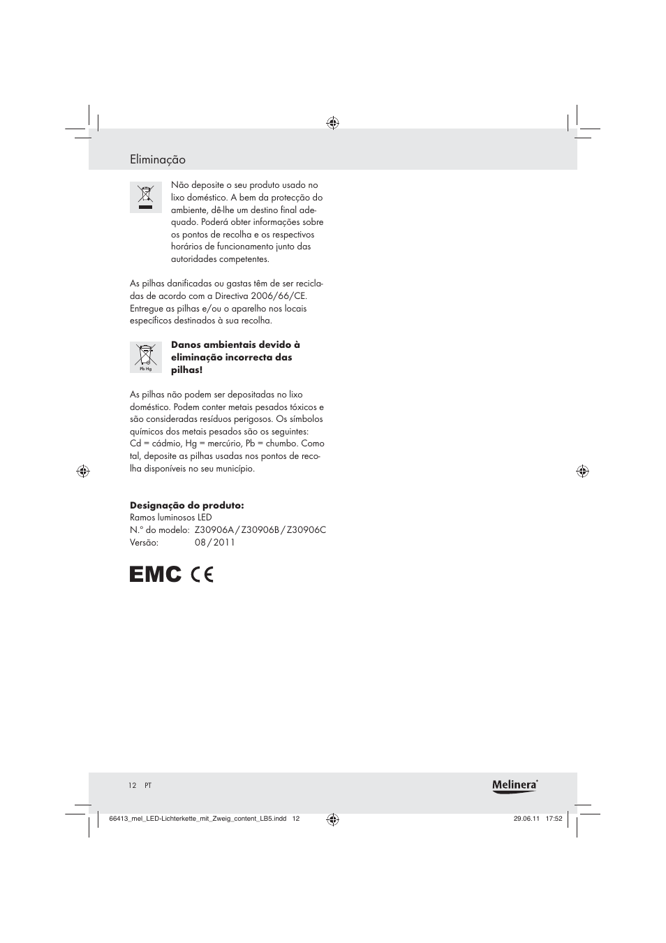 Eliminação | Melinera Z30906A / Z30906B / Z30906C User Manual | Page 10 / 16