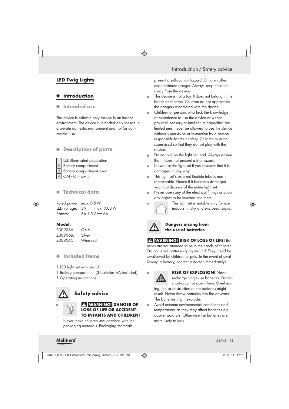 Introduction / safety advice | Melinera Z30906A / Z30906B / Z30906C User Manual | Page 11 / 16