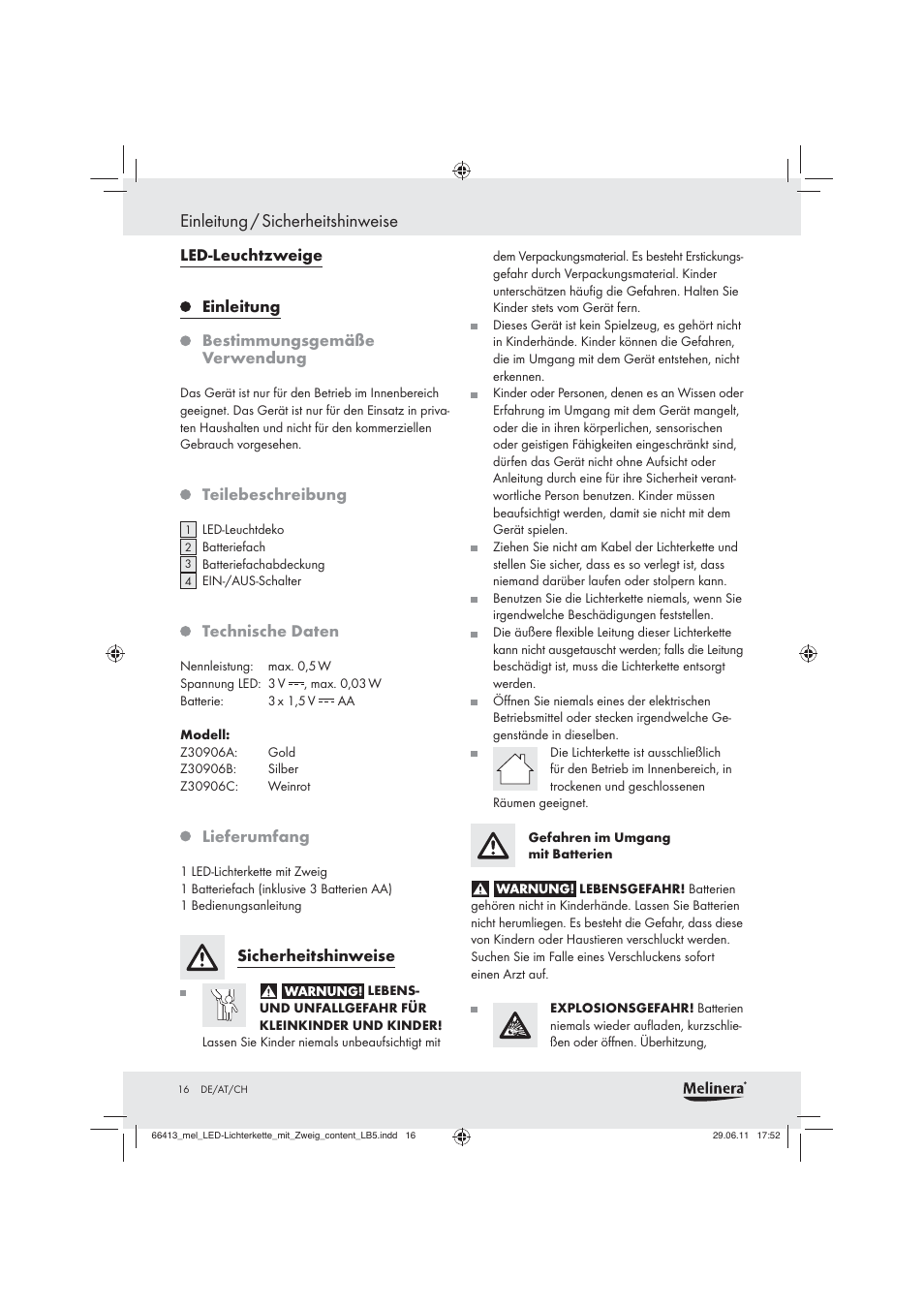 Einleitung / sicherheitshinweise | Melinera Z30906A / Z30906B / Z30906C User Manual | Page 14 / 16