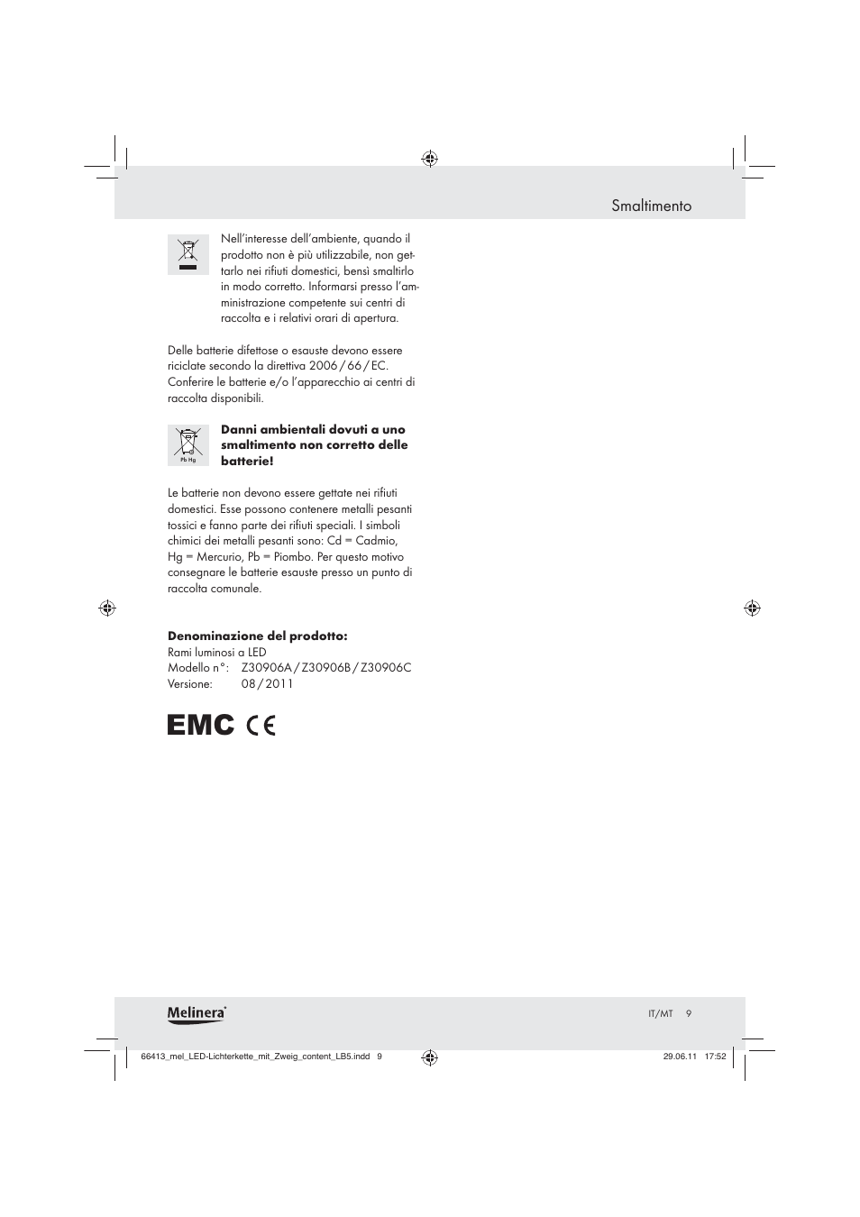 Smaltimento | Melinera Z30906A / Z30906B / Z30906C User Manual | Page 7 / 16