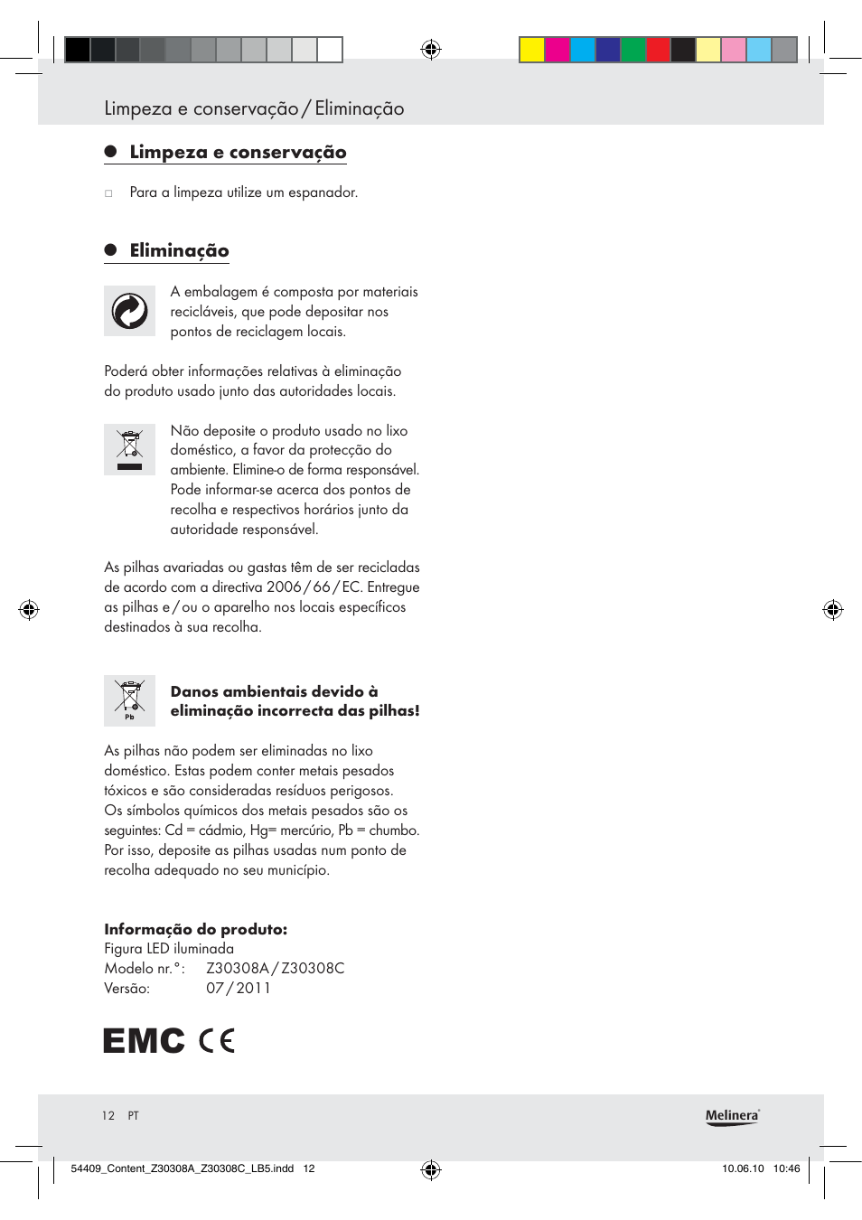 Limpeza e conservação / eliminação, Limpeza e conservação, Eliminação | Melinera Z30308A User Manual | Page 10 / 16