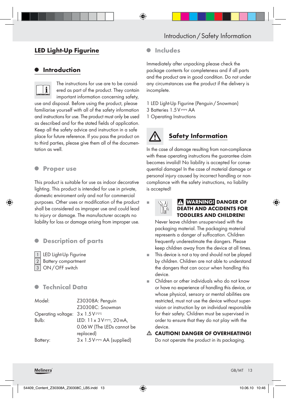 Introduction / safety information, Led light-up figurine, Introduction | Proper use, Description of parts, Technical data, Includes, Safety information | Melinera Z30308A User Manual | Page 11 / 16