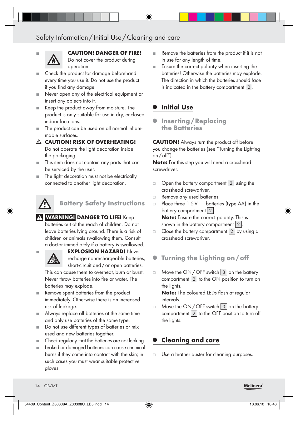 Battery safety instructions, Initial use, Inserting / replacing the batteries | Turning the lighting on / oﬀ, Cleaning and care | Melinera Z30308A User Manual | Page 12 / 16