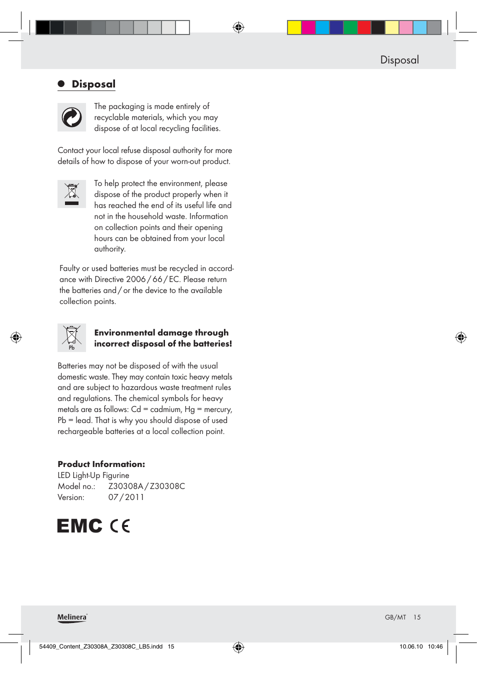 Disposal | Melinera Z30308A User Manual | Page 13 / 16