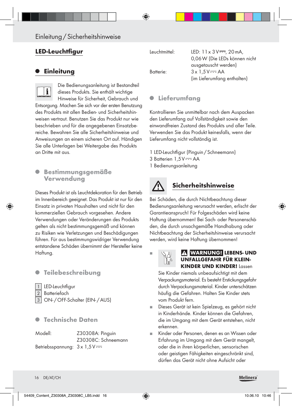 Einleitung / sicherheitshinweise, Led-leuchtﬁgur, Einleitung | Bestimmungsgemäße verwendung, Teilebeschreibung, Technische daten, Lieferumfang, Sicherheitshinweise | Melinera Z30308A User Manual | Page 14 / 16