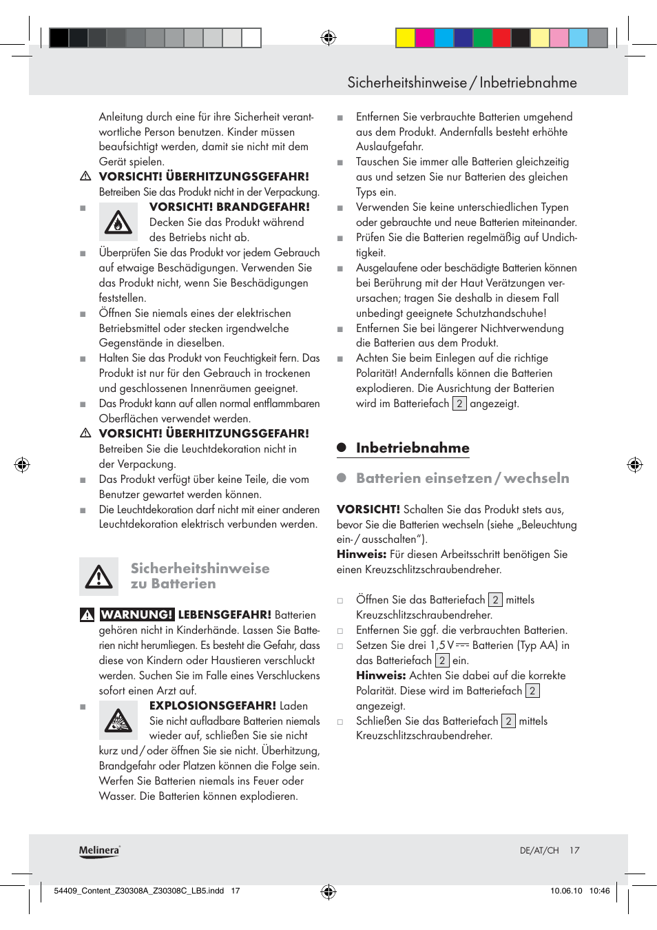 Sicherheitshinweise / inbetriebnahme, Sicherheitshinweise zu batterien, Inbetriebnahme | Batterien einsetzen / wechseln | Melinera Z30308A User Manual | Page 15 / 16