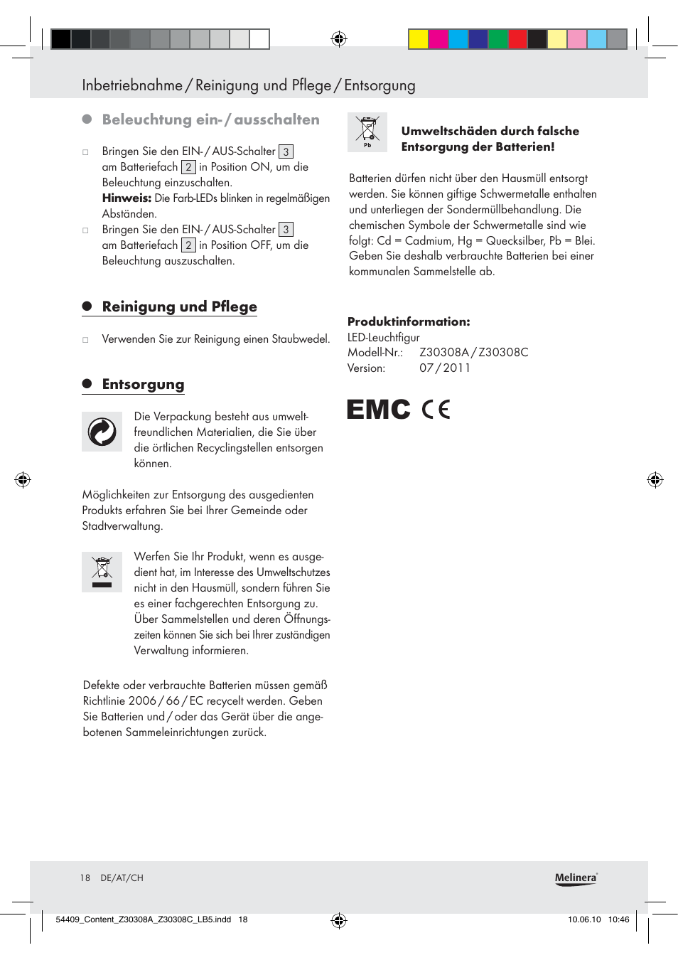 Inbetriebnahme / reinigung und pﬂege / entsorgung, Beleuchtung ein- / ausschalten, Reinigung und pﬂege | Entsorgung | Melinera Z30308A User Manual | Page 16 / 16