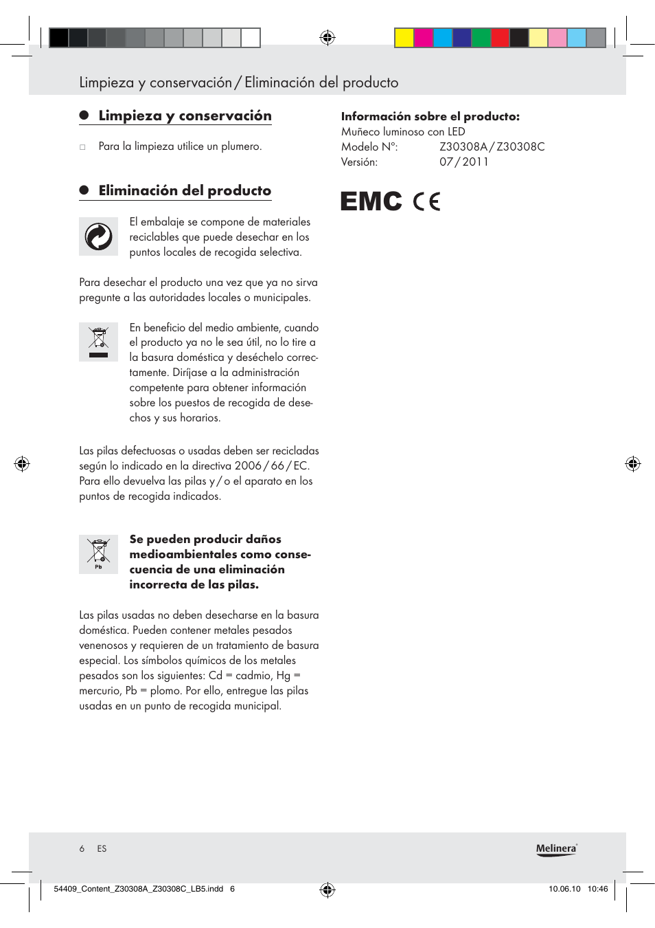 Limpieza y conservación / eliminación del producto, Limpieza y conservación, Eliminación del producto | Melinera Z30308A User Manual | Page 4 / 16