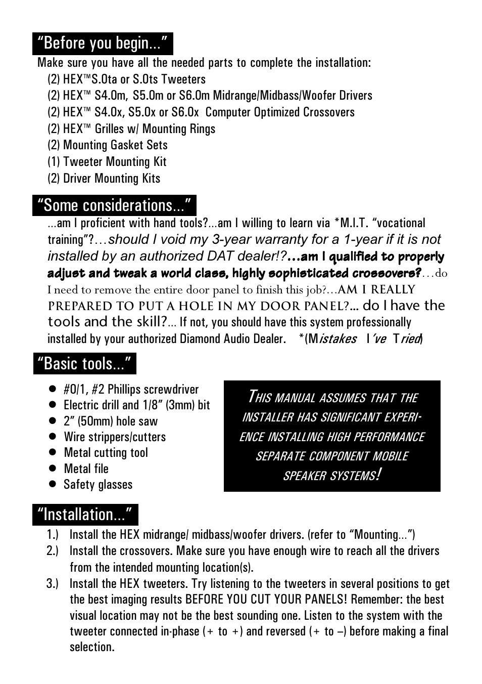 Before you begin, Some considerations, Basic tools | Installation | Diamond Audio Technology S400 User Manual | Page 4 / 16