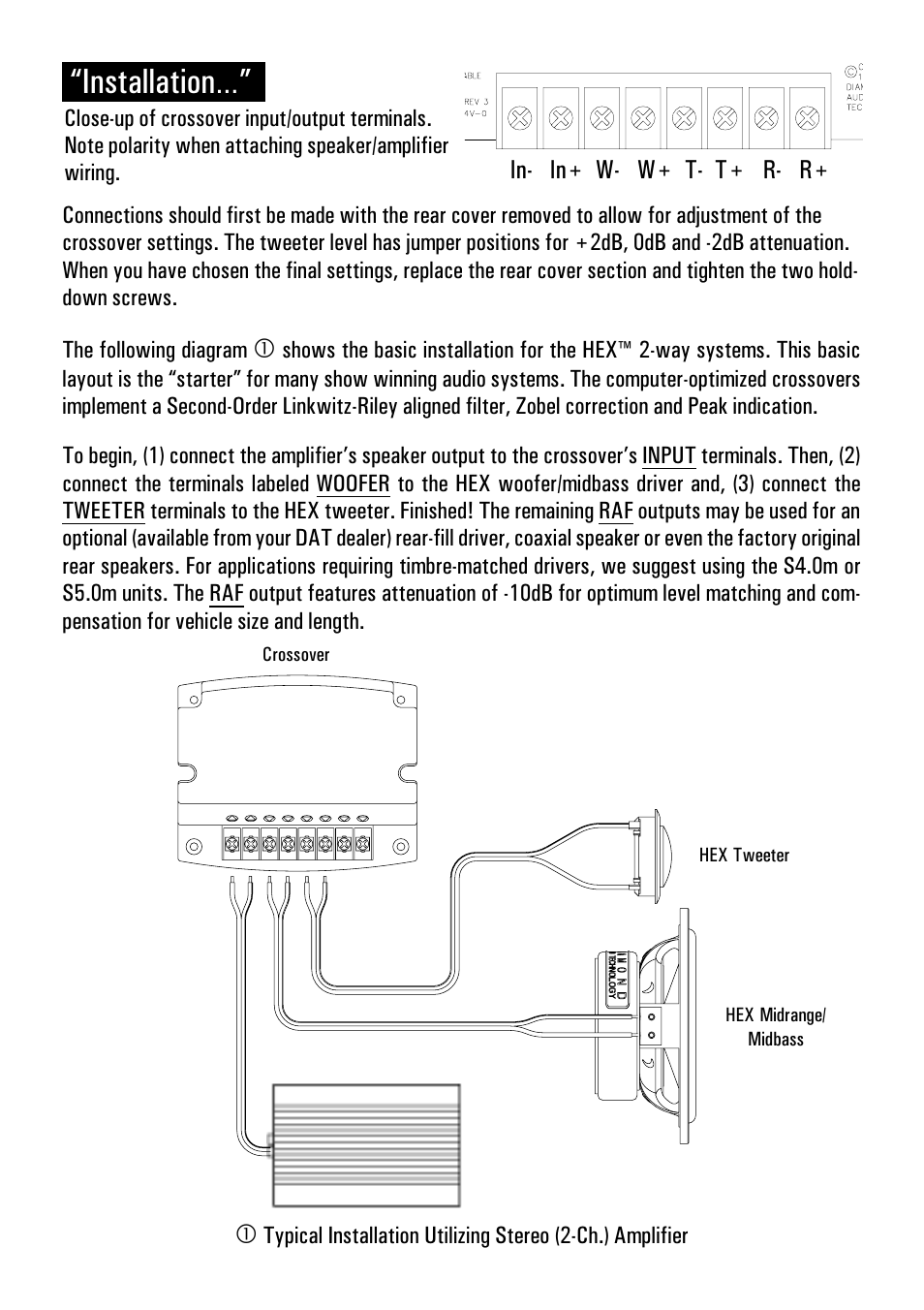 Installation, In- in+ w- w+ t- t+ r- r | Diamond Audio Technology S400 User Manual | Page 6 / 16