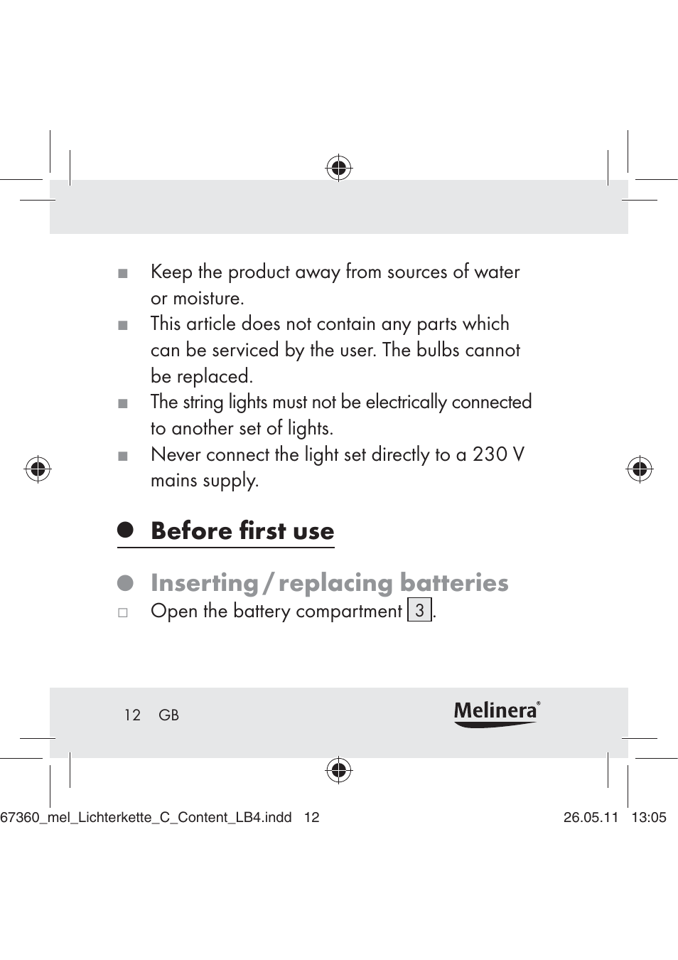 Before ﬁrst use, Inserting / replacing batteries | Melinera Z30316C User Manual | Page 10 / 98