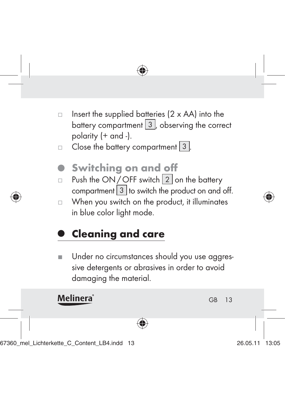 Switching on and oﬀ, Cleaning and care | Melinera Z30316C User Manual | Page 11 / 98