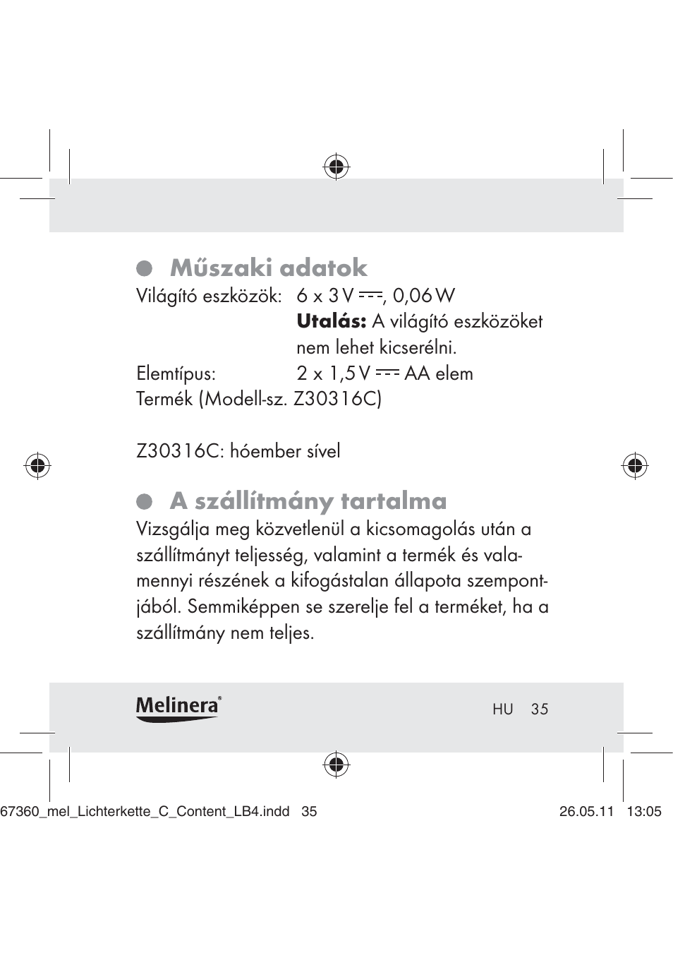 Műszaki adatok, A szállítmány tartalma | Melinera Z30316C User Manual | Page 33 / 98