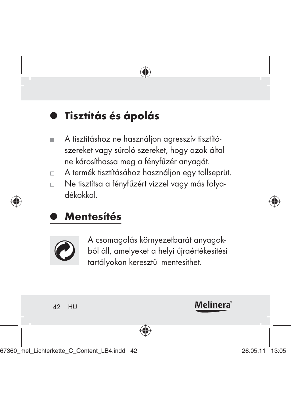 Tisztítás és ápolás, Mentesítés | Melinera Z30316C User Manual | Page 40 / 98