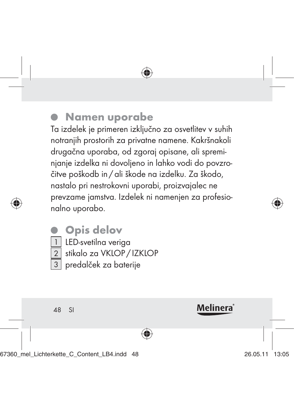 Namen uporabe, Opis delov | Melinera Z30316C User Manual | Page 46 / 98