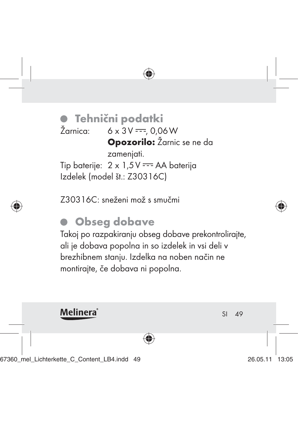 Tehnični podatki, Obseg dobave | Melinera Z30316C User Manual | Page 47 / 98